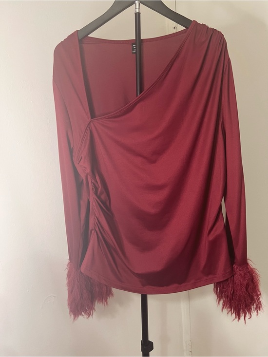 Tops - Women's Burgundy Feather Cuff Long-Sleeve Top